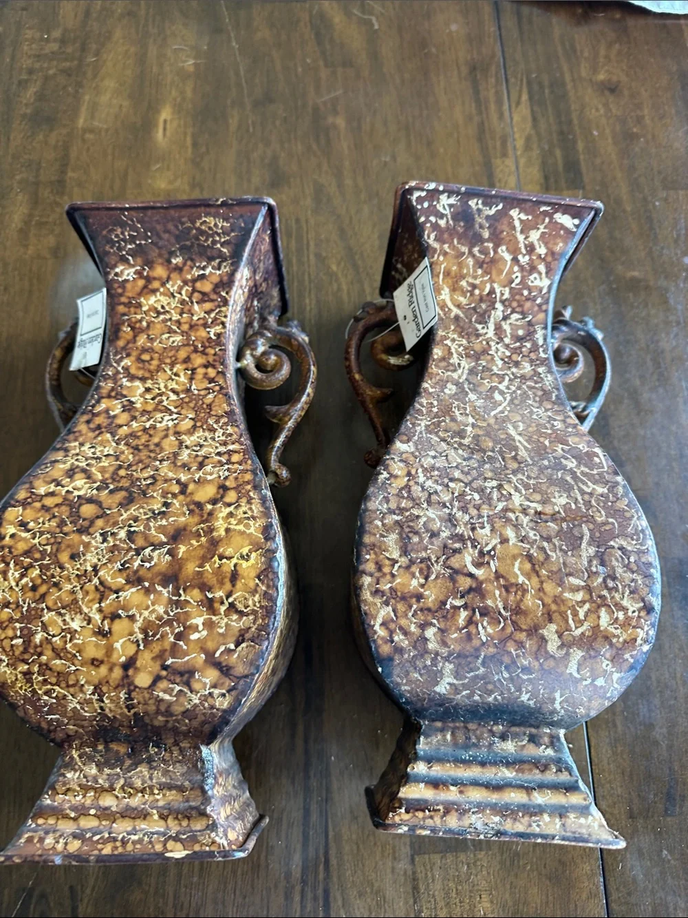 Pair of Brown Speckled Metal Urn Vases with Scroll Handles